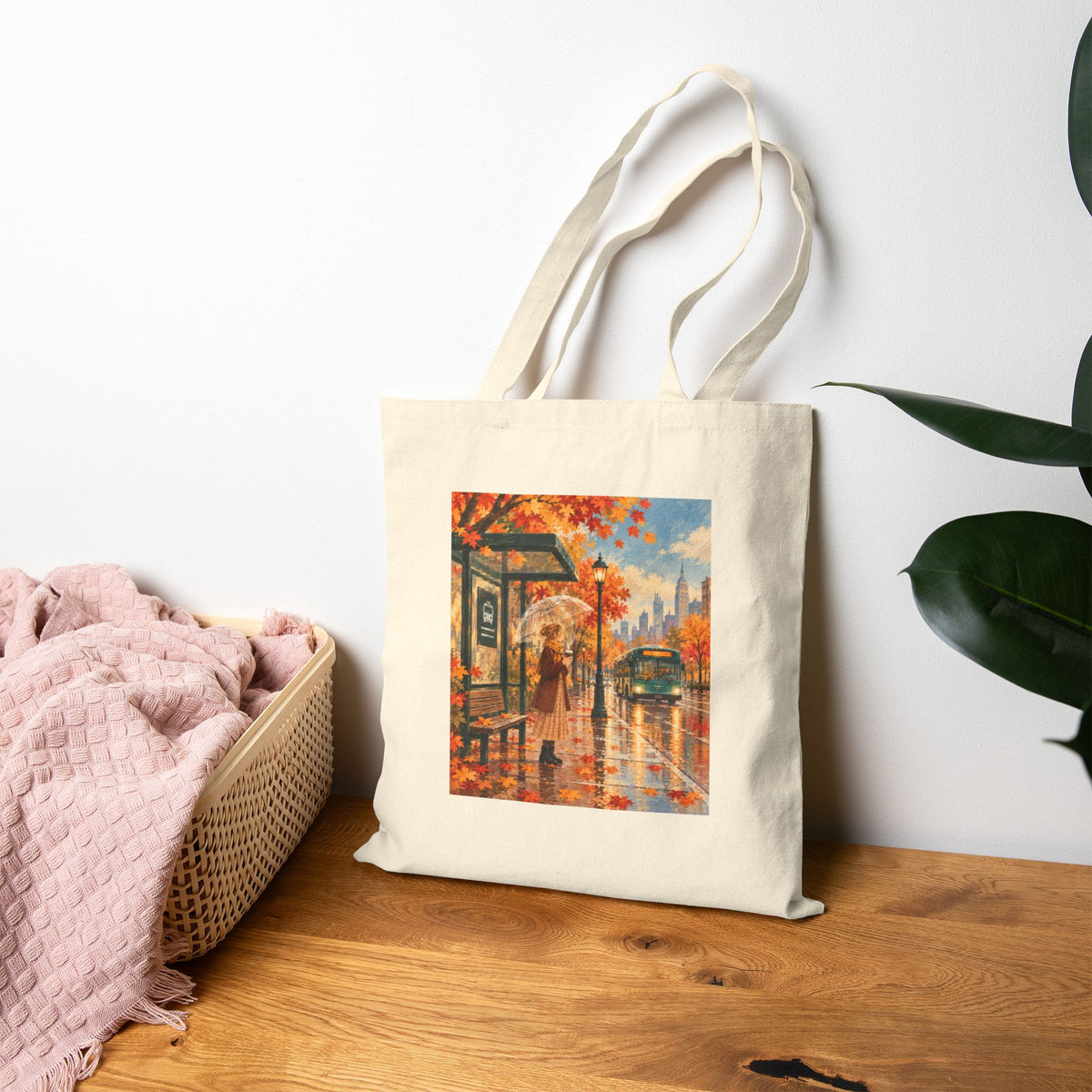 Rainy Autumn Bus Stop Canvas Tote Bag