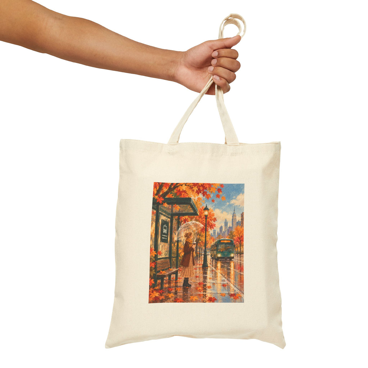 Rainy Autumn Bus Stop Canvas Tote Bag