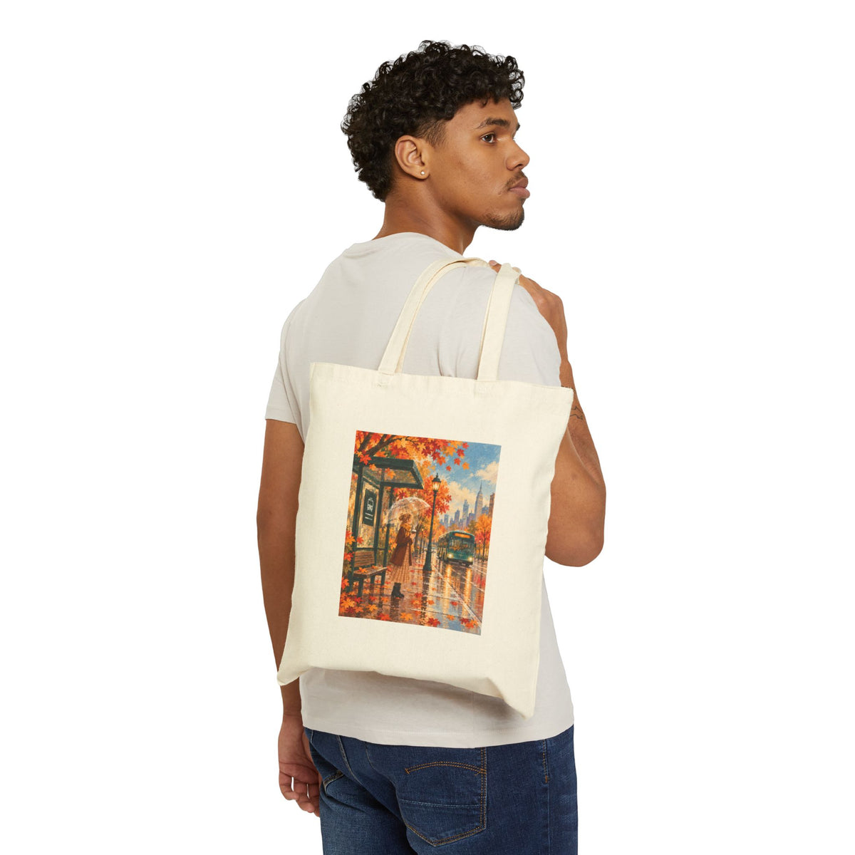 Rainy Autumn Bus Stop Canvas Tote Bag