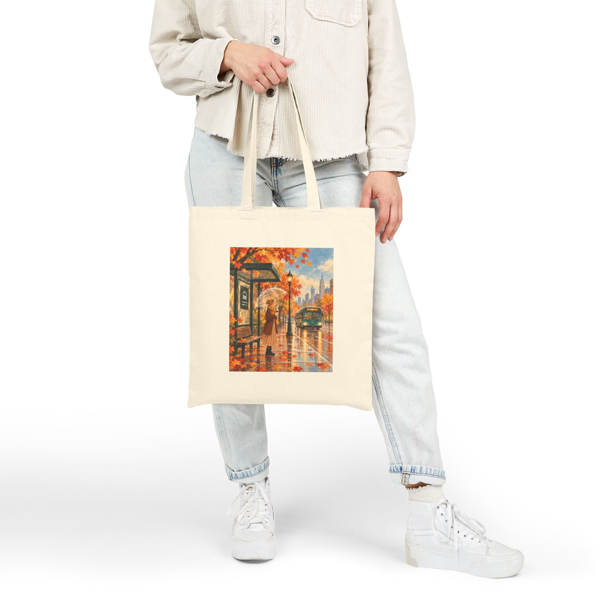 Rainy Autumn Bus Stop Canvas Tote Bag