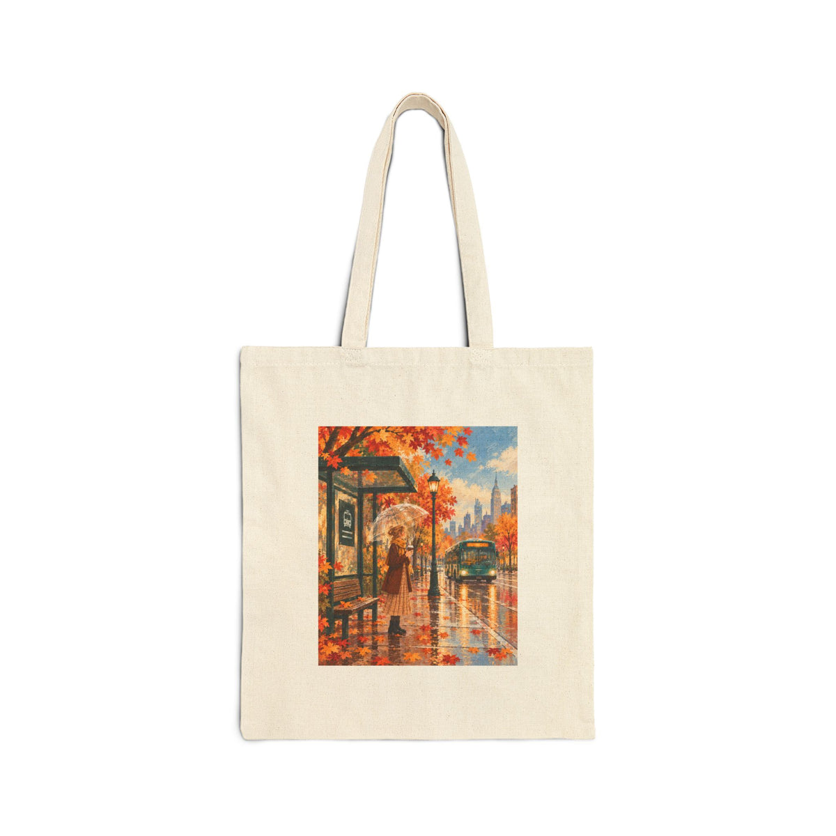 Rainy Autumn Bus Stop Canvas Tote Bag